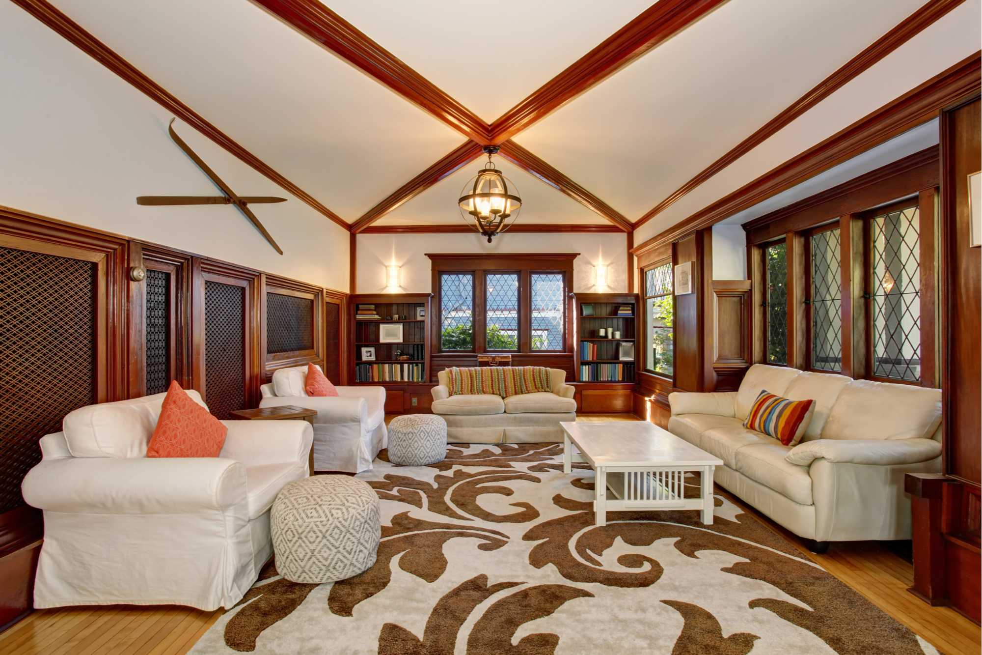 Brown and white patterned carpet in a large rustic living room