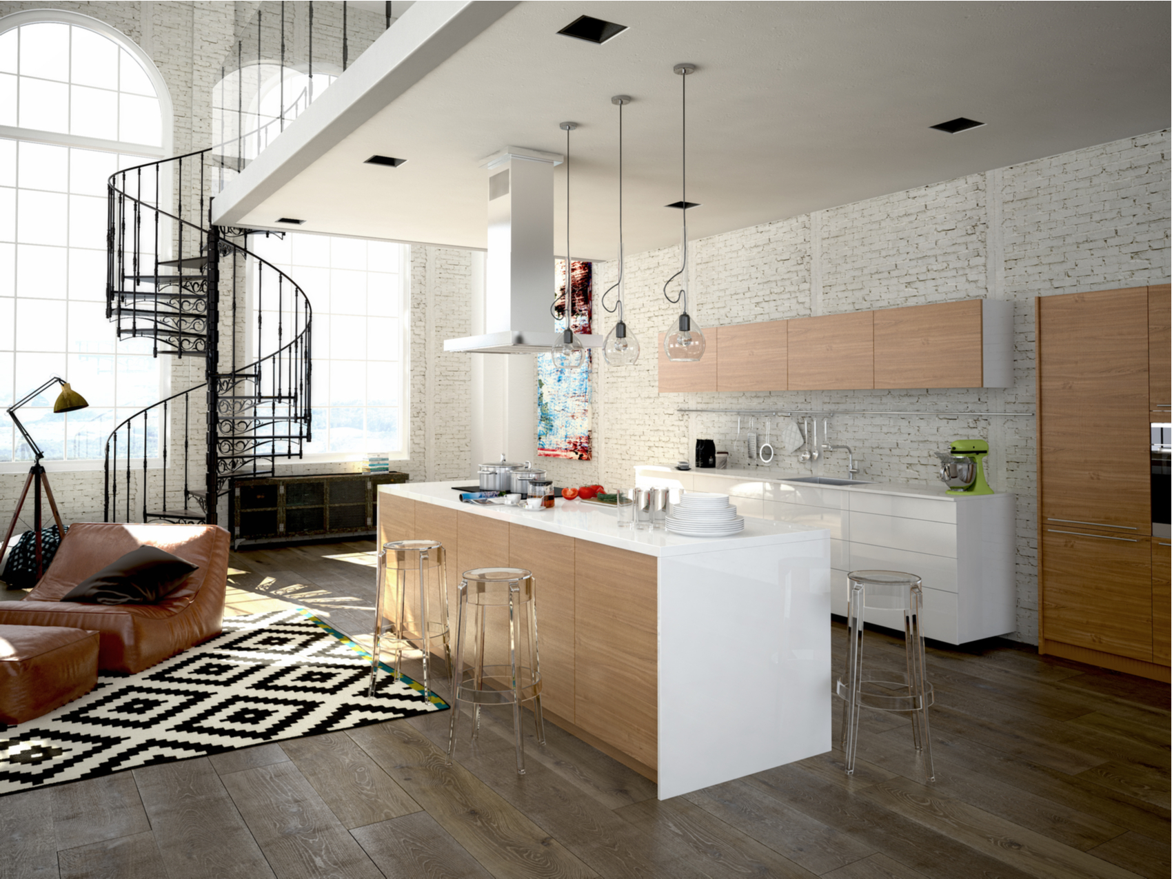 Kitchen and living room with a patterned statement rug